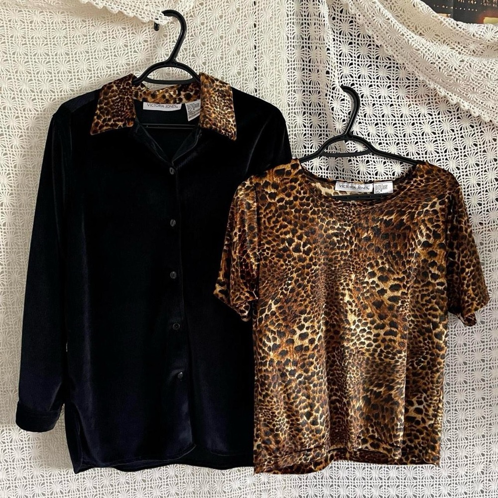 90s Vintage Victoria Jones Black Brown Leopard Print Button Down Shirt Set M/L
